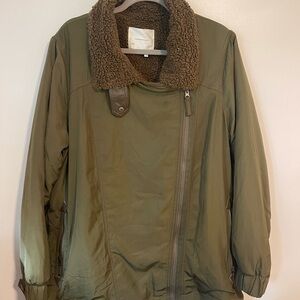 Anthropologie Khaki Utility Jacket with Faux Shearling Collar